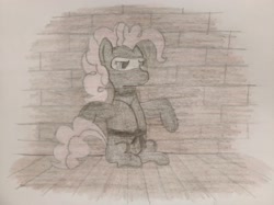 Size: 4032x3016 | Tagged: safe, artist:jakusi, pinkie pie, pony, g4, brick wall, clothes, darkness, female, mare, ninja, pinktober, sneaking, solo, traditional art