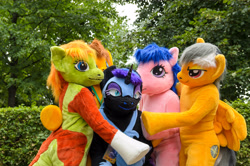 Size: 4928x3264 | Tagged: safe, artist:atalonthedeer, daring do, firefly, nightmare moon, oc, oc:croc pony, oc:tracy swift, galacon, g1, g4, 2015, fursuit, group, irl, outdoors, photo, ponysuit, quintet