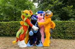 Size: 4928x3264 | Tagged: safe, artist:atalonthedeer, daring do, firefly, nightmare moon, oc, oc:croc pony, oc:tracy swift, galacon, g1, g4, 2015, fursuit, group, irl, outdoors, photo, ponysuit, quintet