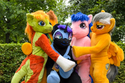 Size: 4928x3264 | Tagged: safe, artist:atalonthedeer, daring do, firefly, nightmare moon, oc, oc:croc pony, oc:tracy swift, galacon, g1, g4, 2015, fursuit, group, irl, outdoors, photo, ponysuit, quintet