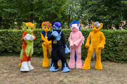 Size: 4323x2863 | Tagged: safe, artist:atalonthedeer, daring do, firefly, nightmare moon, oc, oc:croc pony, oc:tracy swift, galacon, g1, g4, 2015, fursuit, group, irl, outdoors, photo, ponysuit, quintet