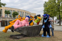 Size: 4928x3264 | Tagged: safe, artist:atalonthedeer, daring do, firefly, nightmare moon, oc, oc:croc pony, oc:tracy swift, galacon, g1, g4, 2015, fursuit, group, irl, outdoors, photo, ponysuit, quintet