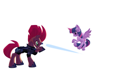 Size: 1920x1200 | Tagged: safe, artist:puzzlshield2, tempest shadow, twilight sparkle, alicorn, pony, unicorn, g4, my little pony: the movie, 3d, 3d render, armor, blast, duo, female, fight, flying, guardians of harmony, horn, laser, magic, magic blast, mmd, png, recreation, simple background, toy, transparent background, twilight sparkle (alicorn), wings