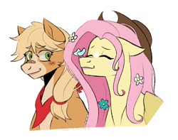 Size: 1650x1300 | Tagged: safe, artist:slapearl, applejack, fluttershy, butterfly, earth pony, pegasus, pony, accessory theft, alternate hairstyle, applejack's hat, band-aid, band-aid on nose, bandana, cowboy hat, duo, duo female, eyes closed, female, flower, flower in hair, freckles, hat, lesbian, lipstick, mare, markings, redesign, ship:appleshy, shipping, simple background, white background