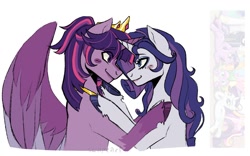 Size: 1600x1000 | Tagged: safe, artist:slapearl, rarity, spike, twilight sparkle, alicorn, dragon, pony, g4, alternate hairstyle, blushing, crown, duo, duo female, eyeshadow, female, hug, jewelry, lesbian, lipstick, looking at each other, looking at someone, makeup, male, mare, markings, redesign, regalia, ship:rarilight, shipping, simple background, twilight sparkle (alicorn), unshorn fetlocks, white background