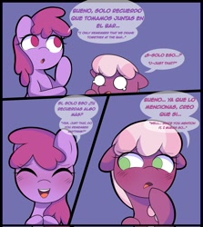 Size: 1828x2048 | Tagged: safe, artist:eltrash_art6, berry punch, berryshine, cheerilee, earth pony, pony, comic:a crazy night, blushing, comic, crying, duo, duo female, eyes closed, female, lesbian, mare, open mouth, ship:berrilee, shipping, spanish, translation