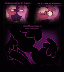 Size: 1828x2048 | Tagged: safe, artist:eltrash_art6, berry punch, berryshine, cheerilee, earth pony, pony, comic:a crazy night, alcohol, blushing, booze, bottle, comic, drink, drunk, duo, duo female, eyes closed, female, french kiss, kissing, lesbian, looking at each other, looking at someone, making out, mare, ship:berrilee, shipping, spanish, translation