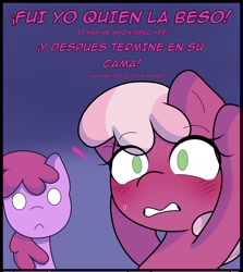 Size: 1828x2048 | Tagged: safe, artist:eltrash_art6, berry punch, berryshine, cheerilee, earth pony, pony, comic:a crazy night, blushing, duo, duo female, exclamation point, female, gritted teeth, lesbian, mare, misspelling, panic, panicking, ship:berrilee, shipping, spanish, sweat, sweatdrop, teeth, translation