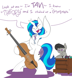 Size: 4800x5200 | Tagged: safe, artist:ponny, dj pon-3, octavia melody, vinyl scratch, earth pony, pony, unicorn, g4, cello, colored, eyes closed, grumpy, horn, musical instrument, octavia is not amused, paper, pouting, pouty lips, speech bubble, tape, text, unamused