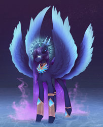 Size: 3250x4000 | Tagged: safe, artist:dreamyrat, oc, oc only, pegasus, pony, armor, blue eyes, colored wings, commission, ear fluff, ear piercing, earring, female, four wings, halo, jewelry, magic, magic aura, mare, moon, multiple wings, necklace, pegasus oc, piercing, purple mane, solo, space, spread wings, standing, tail, two toned mane, two toned tail, two toned wings, water, wings