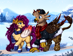 Size: 3469x2655 | Tagged: safe, artist:pridark, oc, oc only, griffon, pegasus, pony, clothes, duo, griffon oc, looking at each other, looking at someone, not pipp petals, open mouth, open smile, outdoors, pegasus oc, scarf, smiling, snow, snowfall, walking