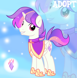 Size: 1280x1292 | Tagged: safe, artist:vi45, oc, oc only, alicorn, pony, adoptable, alicorn oc, base used, cape, clothes, ethereal mane, flowing tail, folded wings, gradient background, gradient mane, gradient tail, hoof shoes, horn, looking back, magenta eyes, male, male oc, princess shoes, purple eyes, purple mane, purple tail, smiling, solo, sparkles, sparkly mane, sparkly tail, stallion, stallion oc, starry mane, starry tail, striped mane, striped tail, tail, three quarter view, unicorn horn, white coat, wings, zoom layer