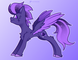 Size: 2600x2000 | Tagged: safe, artist:shad0w-galaxy, part of a set, oc, oc only, oc:shadow galaxy, pegasus, pony, cheek fluff, chest fluff, concave belly, ear fluff, ethereal mane, female, gradient background, high res, hooves, looking at you, mare, questionable source, side view, skinny, smiling, solo, spread wings, starry eyes, starry mane, starry tail, stretching, tail, thin, unshorn fetlocks, wingding eyes, wings