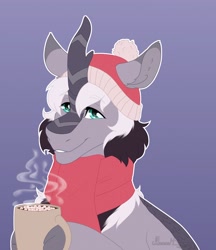 Size: 3340x3860 | Tagged: safe, artist:mustarddreams, oc, oc only, oc:grayscale, kirin, chocolate, clothes, cute, fluffy, food, hat, hot chocolate, kirin oc, male, mug, scarf, stallion, winter outfit