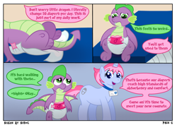 Size: 4960x3508 | Tagged: safe, artist:sweetielover, spike, oc, dragon, pony, unicorn, comic:scales at school, g4, absurd resolution, comic, dialogue, diaper, diaper change, diaper fetish, duo, female, fetish, horn, logo, male, non-baby in diaper, pink diaper, school, webcomic, worried