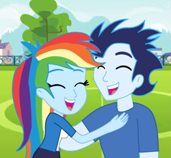 Size: 1279x1180 | Tagged: safe, artist:soarindasher10, rainbow dash, soarin', human, equestria girls, g4, duo, duo male and female, eyes closed, female, happy, male, outdoors, ship:soarindash, shipping, straight