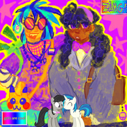 Size: 2048x2048 | Tagged: safe, artist:starfrootparfait, dj pon-3, octavia melody, vinyl scratch, earth pony, human, pony, unicorn, equestria girls, g4, bag, dark skin, duo, female, headphones, horn, lesbian, light skin, nonbinary pride flag, pride, pride flag, ship:scratchtavia, shipping