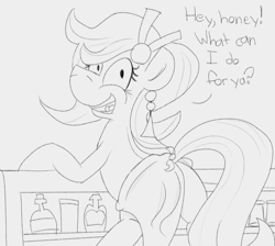 Size: 990x888 | Tagged: safe, artist:cowsrtasty, oc, oc only, oc:bahama nectar, earth pony, pony, clothes, dialogue, ear piercing, earring, earth pony oc, female, grayscale, jewelry, looking at you, looking back, looking back at you, mare, monochrome, open mouth, open smile, piercing, sarong, smiling, solo, tail, talking to viewer