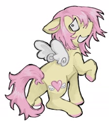 Size: 1608x1794 | Tagged: safe, artist:girl-bug 925, fluttershy, pegasus, pony, g4, alternate cutie mark, alternate design, alternate hairstyle, colored wings, simple background, solo, white background, white wings, wings