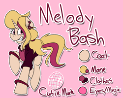 Size: 1280x1020 | Tagged: safe, artist:cowsrtasty, oc, oc only, oc:melody bash, unicorn, bracelet, clothes, ear piercing, earring, female, grin, horn, jewelry, mare, piercing, reference sheet, smiling, solo, tail, unicorn oc