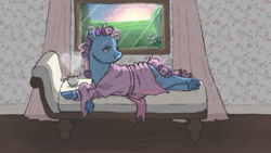 Size: 1920x1080 | Tagged: safe, artist:universalheart, bow tie (g1), earth pony, pony, g1, bathrobe, clothes, couch, hair curlers, indoors, lying down, robe, solo