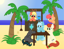 Size: 1280x983 | Tagged: safe, artist:plone, oc, oc only, oc:bahama nectar, oc:penny inkwell, oc:plonepone, oc:wafflecakes, oc:winter gear, earth pony, pegasus, pony, 3d, beach, blender, blush lines, blushing, earth pony oc, female, folded wings, hiding, mare, open mouth, open smile, outdoors, palm tree, pegasus oc, sitting, smiling, stall, tail, tree, wavy mouth, wings