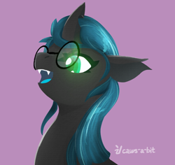 Size: 774x732 | Tagged: safe, artist:capital-asterisk, oc, oc only, changeling, changeling queen, blue mouth, bust, changeling oc, changeling queen oc, evil smile, fangs, glasses, green eyes, pink background, portrait, round glasses, signature, simple background, slit pupils, smiling, solo