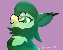 Size: 789x624 | Tagged: safe, artist:capital-asterisk, oc, oc only, griffon, beak, bust, disguise, disguised changeling, glasses, green eyes, griffon oc, pink background, portrait, round glasses, simple background, slit pupils, solo