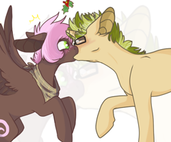 Size: 600x500 | Tagged: safe, artist:wytchwoods, oc, oc:chocolate swirl, pegasus, unicorn, bandana, blushing, earth pony oc, female, glasses, holly, holly mistaken for mistletoe, horn, kiss on the lips, kissing, male, oc x oc, pegasus oc, shipping, straight