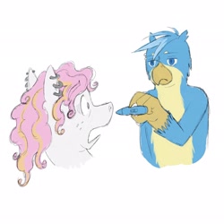 Size: 2048x2048 | Tagged: safe, artist:universalheart, gallus, oc, oc:summerfree apple, earth pony, griffon, pony, g4, duo, ear piercing, earth pony oc, eyebrow piercing, male, male pregnancy, piercing, pregnancy test, pregnant, simple background, white background