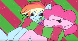 Size: 1340x701 | Tagged: safe, artist:tamers12345, pinkie pie, rainbow dash, earth pony, pegasus, pony, my little pony the movie: hearth's warming in manehattan, g4, clothes, duo, duo female, female, lesbian, multicolored hair, questionable source, rainbow hair, scarf, shared clothing, shared scarf, ship:pinkiedash, shipping, striped background, striped scarf