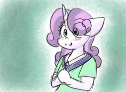 Size: 1886x1371 | Tagged: safe, artist:zutcha, sweetie belle, unicorn, anthro, g4, abstract background, blush scribble, blushing, bust, clothes, cute, diasweetes, eye clipping through hair, female, floppy ears, horn, sketch, smiling, solo