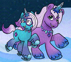 Size: 1700x1490 | Tagged: safe, artist:amynewblue, comet (g5), violet frost, auroricorn, pony, g5, my little pony: make your mark, my little pony: make your mark chapter 6, secrets of starlight, adversarial noise, cute, duo, duo male and female, female, glasses, happy, ice skates, jewelry, male, mare, necklace, open mouth, open smile, skates, smiling, stallion, unshorn fetlocks