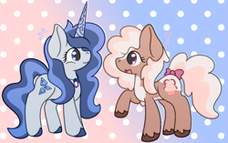 Size: 1559x976 | Tagged: safe, artist:mimiqq, oc, oc only, oc:rime-or-reason, oc:sweet bravery, earth pony, pony, unicorn, blushing, bow, duo, duo female, female, flushed face, gradient background, horn, implied lesbian, implied shipping, mare, nervous, nova charm, oc x oc, polka dot background, raised hoof, shipping, tail, tail bow, unshorn fetlocks