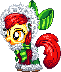 Size: 992x1160 | Tagged: safe, artist:cheshiretwilight, artist:epicvon, apple bloom, earth pony, pony, g4, christmas, clothes, digital art, earmuffs, female, filly, foal, holiday, hood, manepxls, open mouth, pixel art, pxls.space, scarf, simple background, solo, striped scarf, transparent background, winter outfit