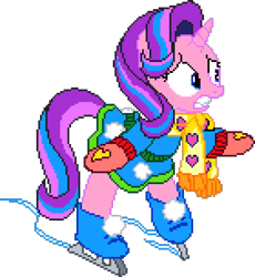 Size: 980x1064 | Tagged: safe, artist:epicvon, starlight glimmer, pony, unicorn, g4, clothes, digital art, female, horn, ice skates, ice skating, manepxls, mare, mittens, pixel art, pxls.space, scarf, simple background, skates, skating, solo, transparent background, worried