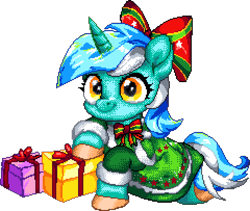 Size: 960x812 | Tagged: safe, artist:epicvon, pony, unicorn, g4, bow, christmas, clothes, digital art, female, hair bow, holiday, horn, looking at you, lying down, manepxls, mare, pixel art, present, pxls.space, simple background, smiling, solo, transparent background