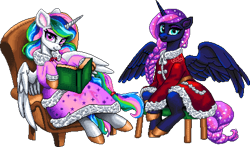 Size: 902x530 | Tagged: safe, artist:epicvon, princess celestia, princess luna, alicorn, pony, g4, alternate hair color, alternate mane color, alternate tail color, book, chair, christmas, clothes, digital art, duo, duo female, ethereal mane, female, holiday, horn, looking at you, manepxls, mare, partially open wings, pixel art, pxls.space, simple background, sitting, smiling, starry mane, transparent background, wings