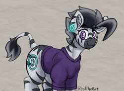 Size: 1465x1074 | Tagged: safe, artist:reddthebat, oc, oc only, oc:zerø, zebra, clothes, ear gauges, looking at you, male, shirt, signature, smiling, smiling at you, solo, stallion, zebra oc