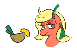 Size: 438x272 | Tagged: safe, artist:jargon scott, oc, oc only, oc:bahama nectar, earth pony, pony, ask, bust, cutie mark, ear piercing, earth pony oc, female, lidded eyes, mare, piercing, portrait, reference sheet, simple background, smiling, solo, white background