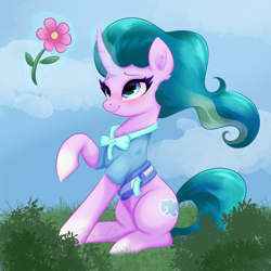 Size: 2048x2048 | Tagged: safe, artist:kuroartss, mistmane, pony, unicorn, g4, curved horn, female, flower, glowing, glowing horn, horn, levitation, looking at something, magic, magic aura, mare, outdoors, raised hoof, sitting, smiling, solo, telekinesis, young mistmane