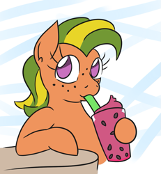 Size: 681x736 | Tagged: safe, artist:jargon scott, oc, oc only, oc:papaya nectar, earth pony, pony, drink, drinking, drinking straw, earth pony oc, female, freckles, seeds, slushie, solo