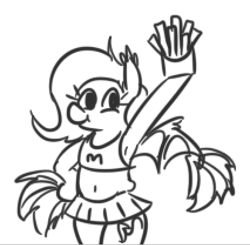 Size: 426x417 | Tagged: safe, artist:jargon scott, oc, oc only, oc:panne, bat pony, armpits, bat pony oc, bipedal, cheerleader, cheerleader outfit, clothes, female, food, french fries, grayscale, hoof on hip, mare, monochrome, one wing out, pom pom, raised hoof, simple background, smiling, solo, that pony sure does love fries, white background, wings