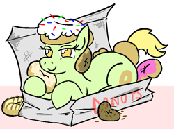 Size: 749x557 | Tagged: safe, artist:jargon scott, oc, oc only, oc:donut stoles, earth pony, pony, donut, donut box, earth pony oc, female, food, lying down, mare, prone, smiling, solo, tail