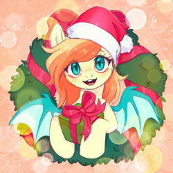 Size: 1369x1368 | Tagged: safe, artist:ls_skylight, oc, oc only, oc:sunshine drift, bat pony, pony, bat pony oc, bat wings, christmas, christmas wreath, commission, female, hat, holiday, looking at you, mare, open mouth, open smile, present, santa hat, slit pupils, smiling, smiling at you, solo, spread wings, wings, wreath, ych result