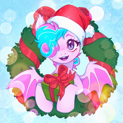 Size: 1369x1368 | Tagged: safe, artist:ls_skylight, oc, oc only, oc:sweetie swirl, bat pony, pony, bat pony oc, bat wings, christmas, christmas wreath, commission, female, hair over one eye, hat, holiday, looking at you, mare, open mouth, open smile, present, santa hat, slit pupils, smiling, smiling at you, solo, spread wings, wings, wreath, ych result