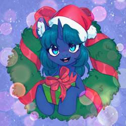 Size: 1369x1368 | Tagged: safe, artist:ls_skylight, oc, oc only, oc:arclight, pony, unicorn, christmas, christmas wreath, commission, female, hat, holiday, hoof hold, horn, looking at you, mare, open mouth, open smile, present, santa hat, smiling, smiling at you, solo, unicorn oc, wreath, ych result