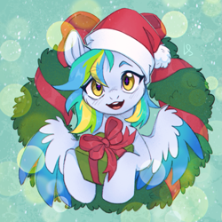 Size: 1369x1368 | Tagged: safe, artist:ls_skylight, oc, oc only, oc:siriusnavigator, oc:siriusnavigator(alicorn), pegasus, pony, christmas, christmas wreath, colored wings, commission, female, hat, holiday, hoof hold, looking at you, mare, multicolored wings, open mouth, open smile, pegasus oc, present, santa hat, smiling, smiling at you, solo, spread wings, two toned wings, wings, wreath, ych result