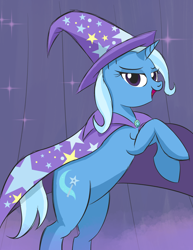 Size: 2550x3300 | Tagged: safe, artist:crimsonstride, trixie, unicorn, g4, bipedal, cape, clip studio paint, clothes, female, hat, horn, looking at you, mare, smoke, solo, stage, trixie's cape, trixie's hat