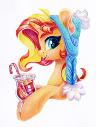 Size: 981x1300 | Tagged: safe, artist:maytee, sunset shimmer, pony, unicorn, g4, bust, colored pencil drawing, drink, glögg, hat, horn, portrait, profile, smiling, traditional art